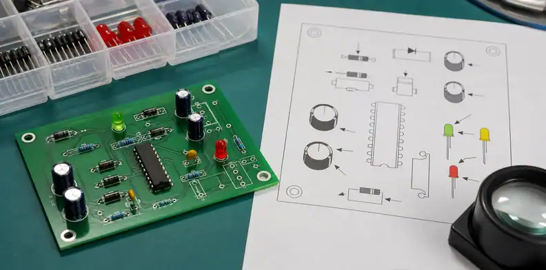 A partially assembled board shows ai pcb footprint verification for polarity marks, pin 1, and orientation.