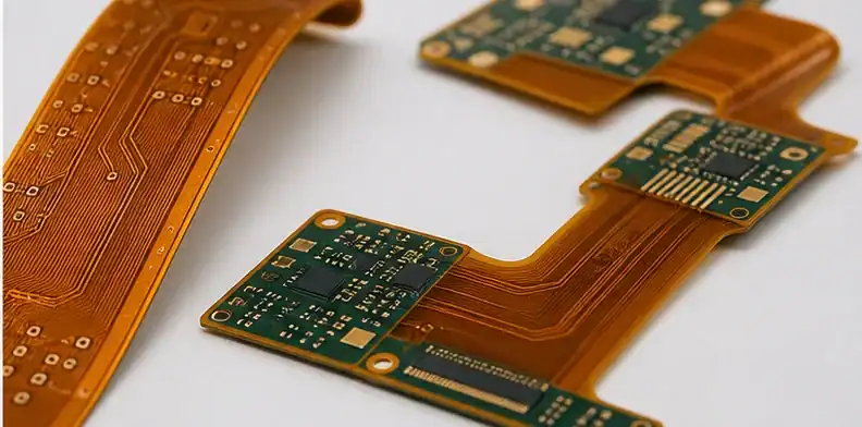 Amber polyimide flex circuits show the bendable branch in a high-temperature PCB comparison.