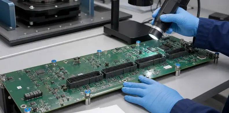 Post-test inspection completes large PCB vibration testing evidence.