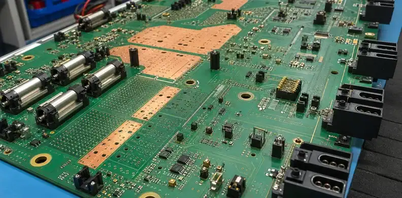 Copper, vias and feed points form the large PCB power distribution path.