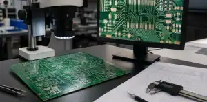 A microscope and monitor show a high precision PCB line-space review on an engineering bench.