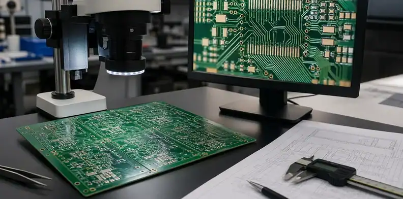 A microscope and monitor show a high precision PCB line-space review on an engineering bench.