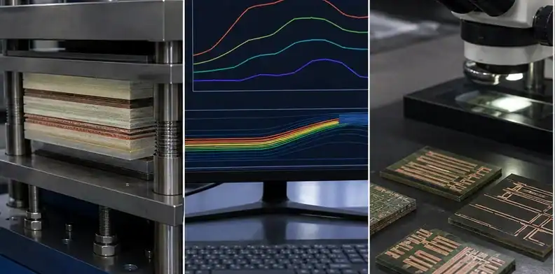 A press and abstract profile lines show BT substrate lamination cure review.