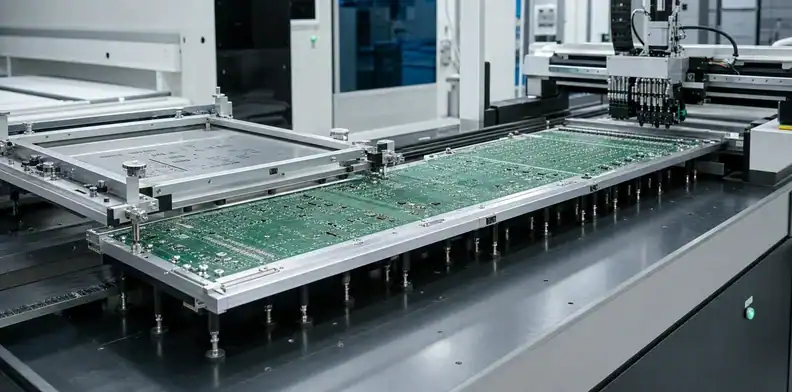 Stencil contact and indexed placement support constrain large format PCB assembly.