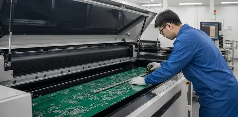 Board, stencil and print windows are checked before oversized PCB solder paste printing.