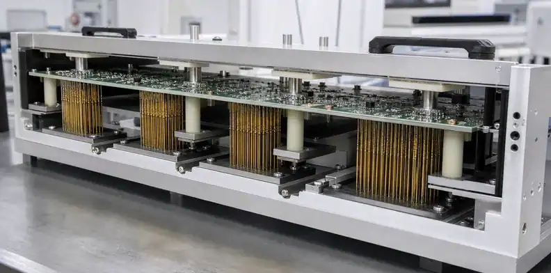 Probe banks and local counter-support define the force zones of a large PCB test fixture.