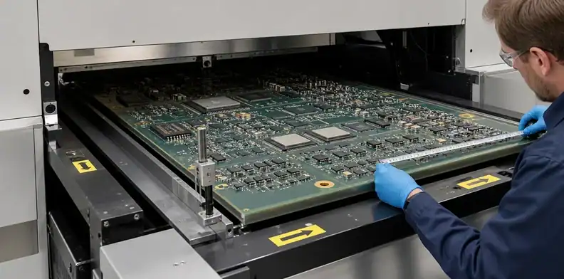 A loaded machine envelope check establishes PCB assembly maximum size and conveyor orientation limits.