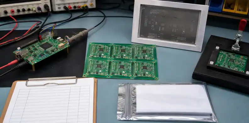 A bench prototype and production panel show ai pcb prototype to production handoff with stencil and test fixture.