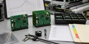 A production review bench shows ai pcb prototype to production readiness with PCB panels, test tools, and release files.