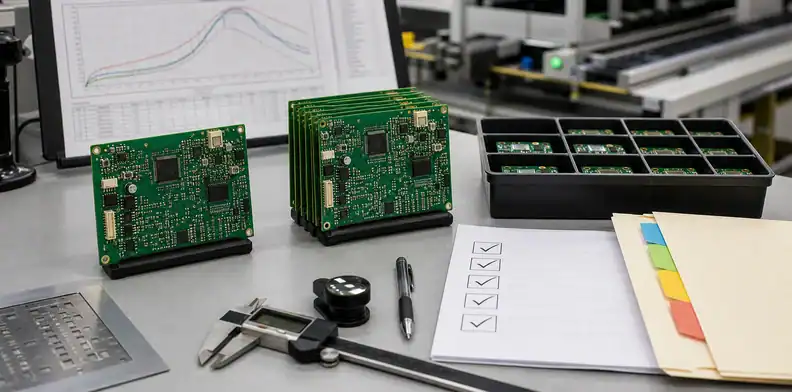 A production review bench shows ai pcb prototype to production readiness with PCB panels, test tools, and release files.