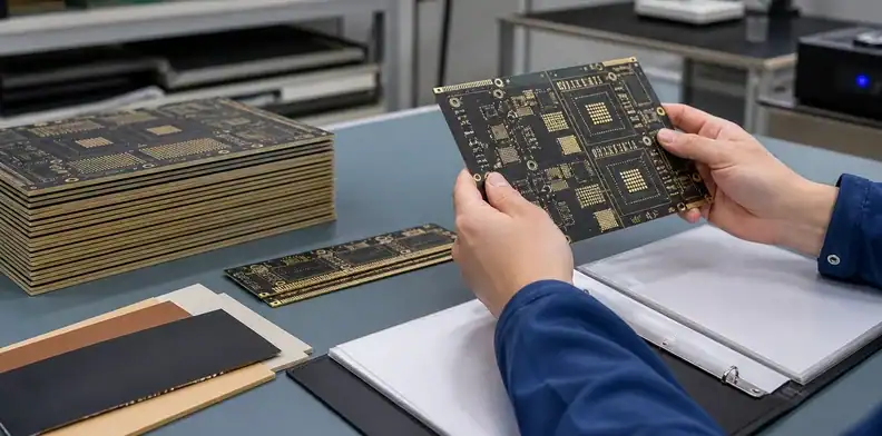 Engineer reviewing prototype evidence before releasing a high speed hybrid PCB stackup for production
