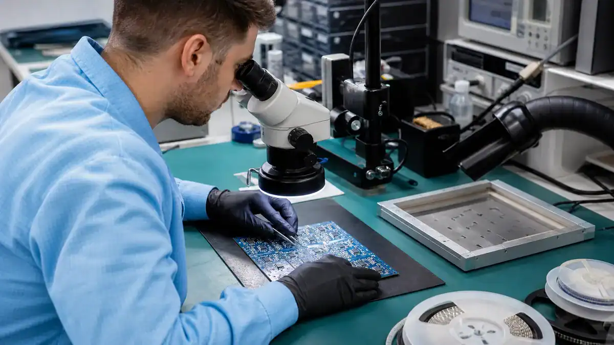 Prototype SMT assembly inspection at an ESD workstation with microscope and small PCB panel