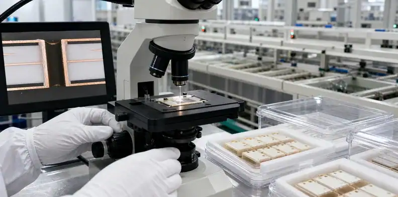 Clean transfer and microsection inspection confirm copper coverage after PTFE PCB hole preparation.