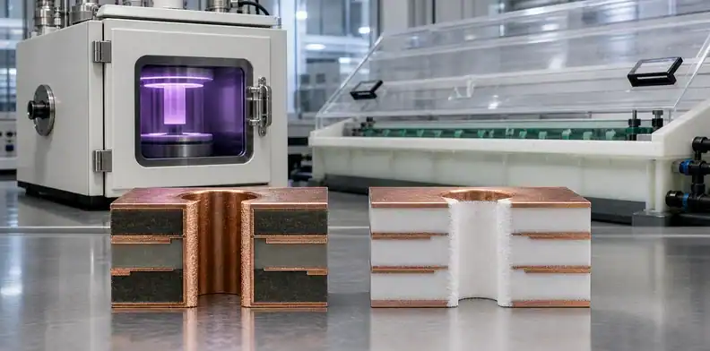 Plasma and chemical stations show how PTFE PCB hole preparation separates desmear from activation.