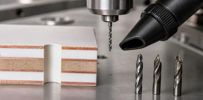 Drill tools and a hybrid layer section define the material path for PTFE PCB hole preparation.