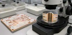 A plated hybrid-board microsection verifies PTFE PCB hole preparation across mixed dielectric interfaces.