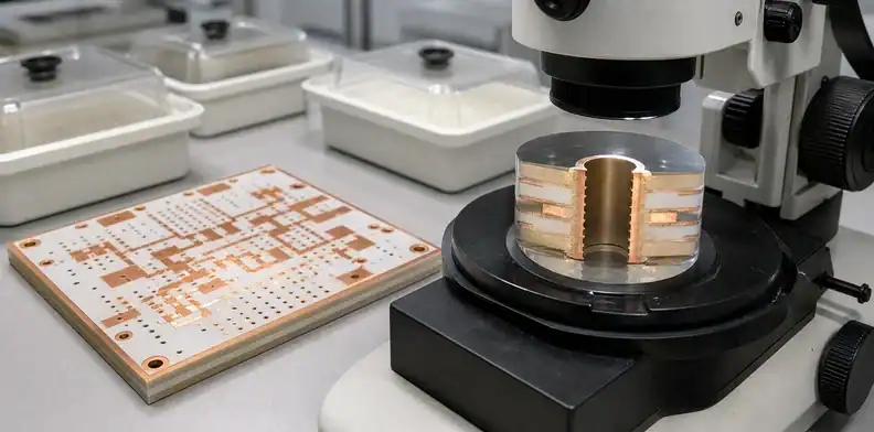 A plated hybrid-board microsection verifies PTFE PCB hole preparation across mixed dielectric interfaces.