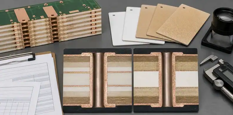 Baseline and substitute microsections record PTFE PCB hole preparation across hybrid material changes.