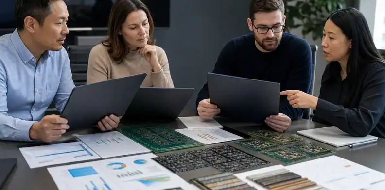 A purchasing team prepares quote files for hybrid PCB production release review
