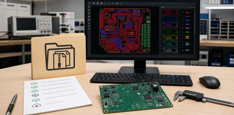 A viewer screen and file package show ai generated pcb checks before quote upload.