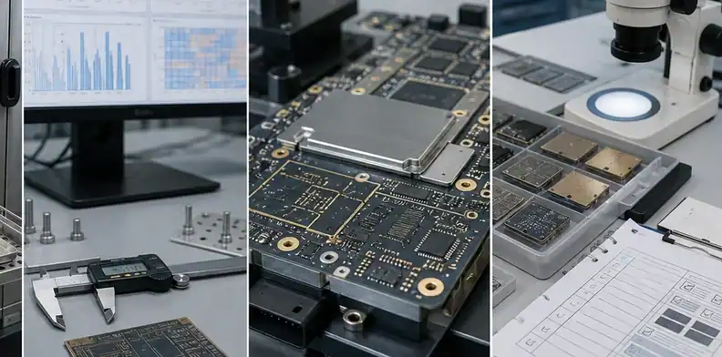 A radar module substrate illustrates BT PCB automotive reliability inspection.