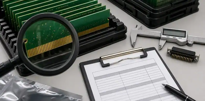 Incoming inspection trays show pcb gold finger plating acceptance records for shipment release.