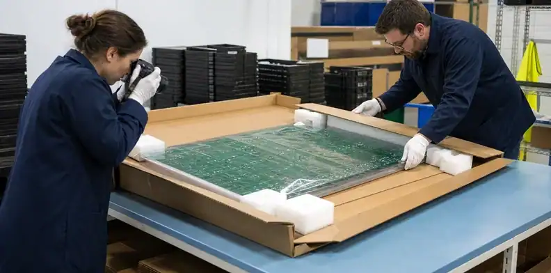 Controlled unpacking verifies oversized PCB packaging at receiving.