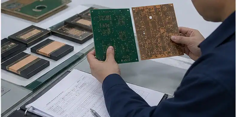 Receiving inspector checking hybrid PCB lamination evidence against the released stackup