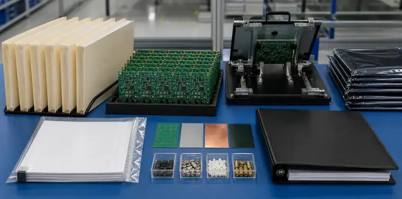 A repeat-order package shows ai pcb prototype to production baseline records with boards, fixture, and sealed files.