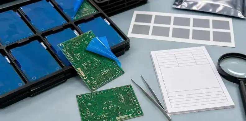 ESD trays and blank records show peelable solder mask release evidence for repeat orders.