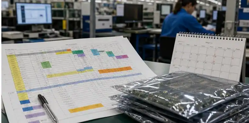 Factory planning desk confirming a revised ship date to reschedule PCB delivery