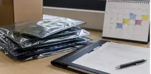 Sealed finished boards on a logistics desk for a reschedule PCB delivery hold decision