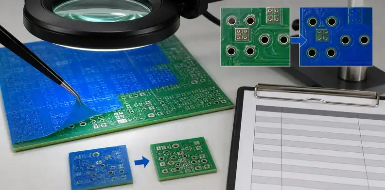 Before-and-after samples show peelable solder mask removal acceptance for residue inspection.