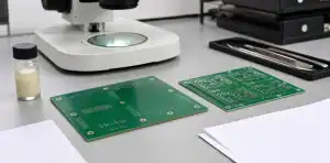 A resin plug via PCB acceptance scene shows flat via-in-pad boards, a microscope, resin material, and blank inspection papers.