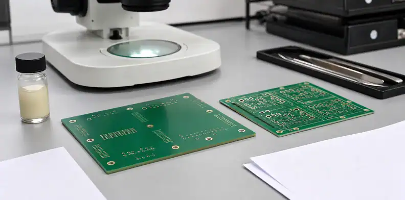 A resin plug via PCB acceptance scene shows flat via-in-pad boards, a microscope, resin material, and blank inspection papers.
