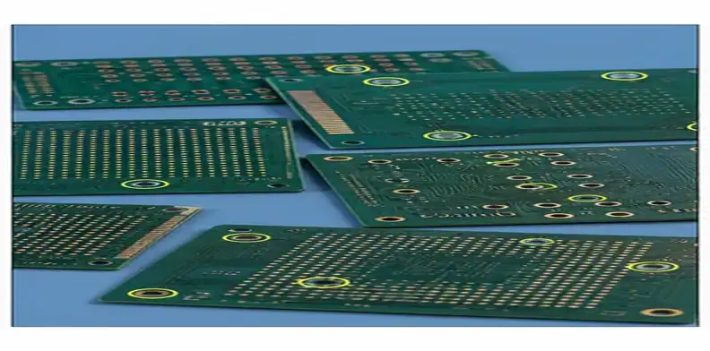 A resin plug via PCB review shows multiple boards with highlighted filled-via locations and pad fields.