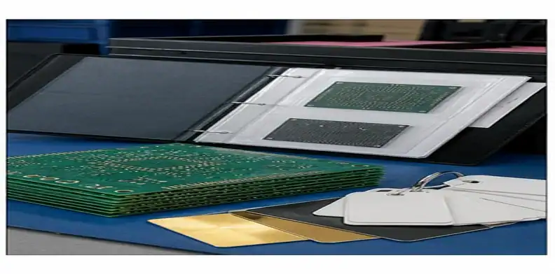 A resin plug via PCB shipment evidence package shows finished boards, surface finish samples, and traceability tags.