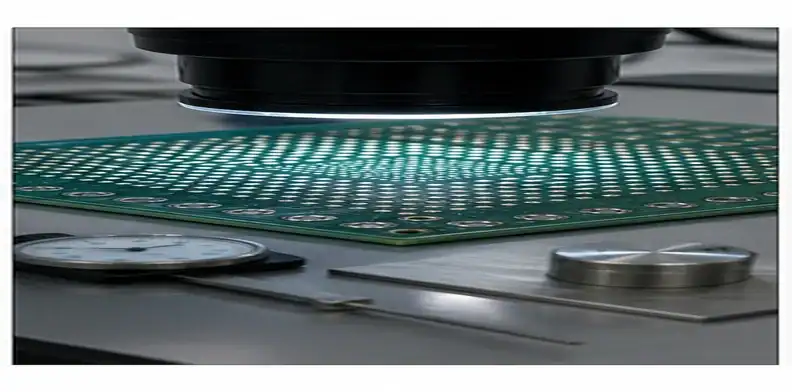 A resin plug via PCB surface inspection shows a fine BGA pad field under a microscope with flatness tools.