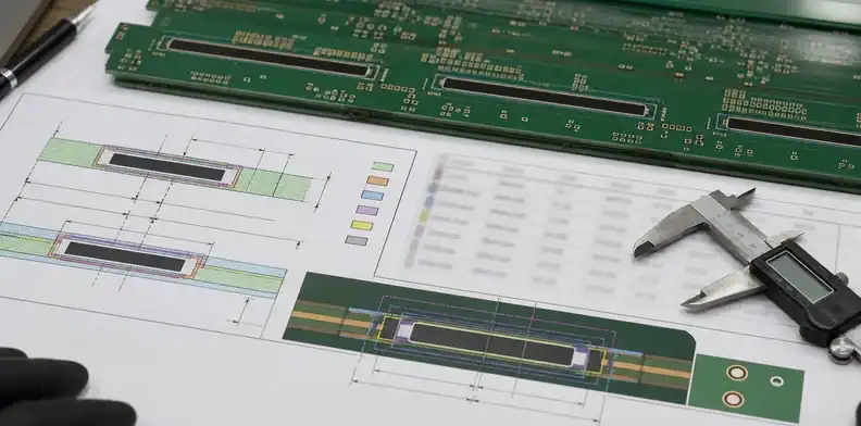 A buried resistor PCB drawing shows controlled resistor geometry, value table, layer callouts, and test pads.