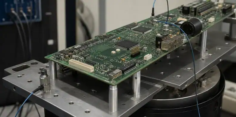 Control and response sensors measure large PCB vibration testing behavior.
