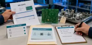 PCB NRE ownership featured desk with NRE quote, PCB sample, fixture tag and reuse decision record