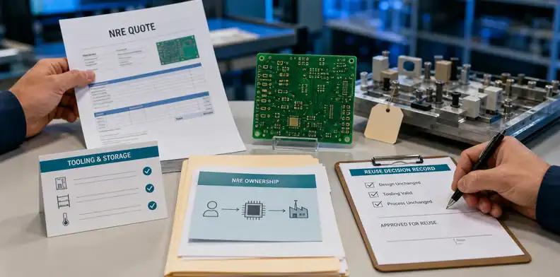 PCB NRE ownership featured desk with NRE quote, PCB sample, fixture tag and reuse decision record