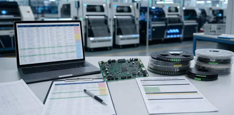 PCBA approved alternates featured BOM and AVL table with component reels and approved alternate decision record