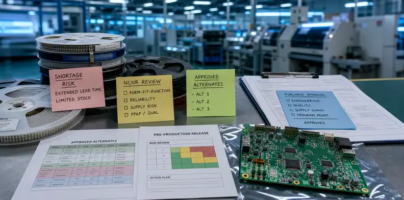 PCBA approved alternates shortage and NCNR review before SMT production release