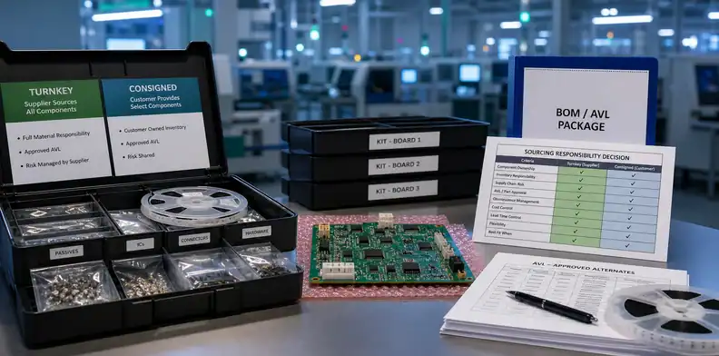 PCBA approved alternates controlled AVL package linking turnkey and consigned responsibilities