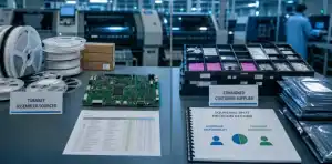 turnkey vs consigned PCB assembly featured split sourcing desk with turnkey reel supply and consigned customer kit