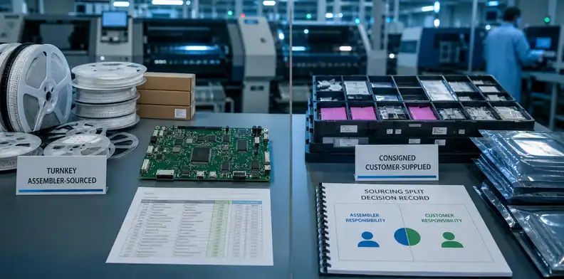 turnkey vs consigned PCB assembly featured split sourcing desk with turnkey reel supply and consigned customer kit