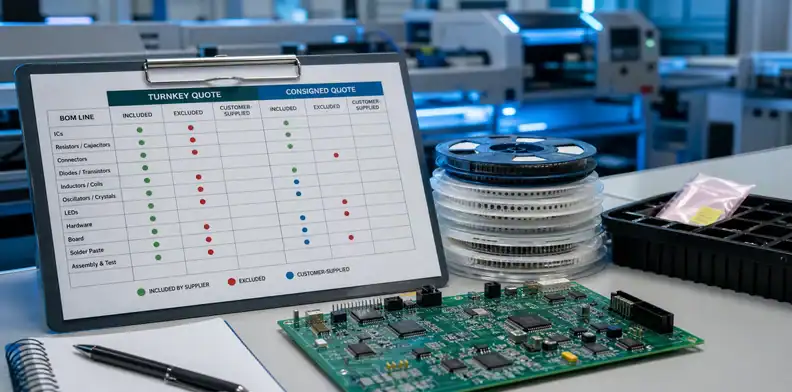 turnkey vs consigned PCB assembly quote comparison showing included excluded and customer-supplied BOM lines