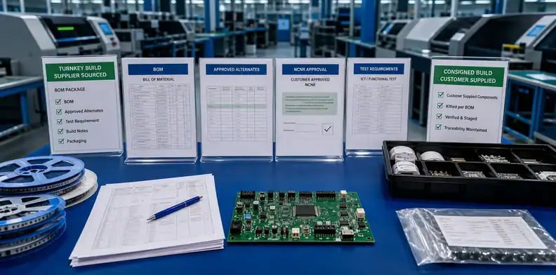 turnkey vs consigned PCB assembly mixed sourcing release package linking NCNR alternates and test requirements