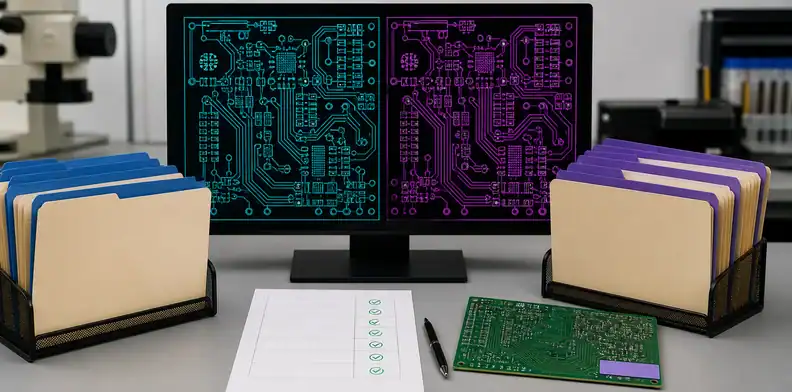 Separated revision folders and PCB overlays show ai pcb gerber review readback before CAM approval.